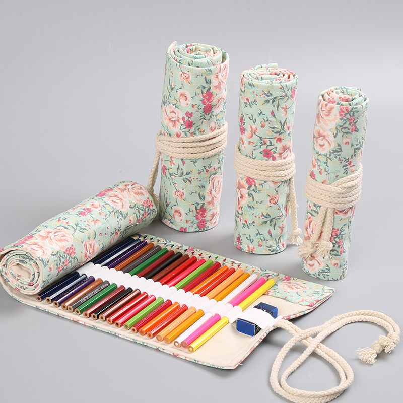 Pen Pouch Roll - 12/24/36/48/72 отверстия, холст с цветочным принтом,